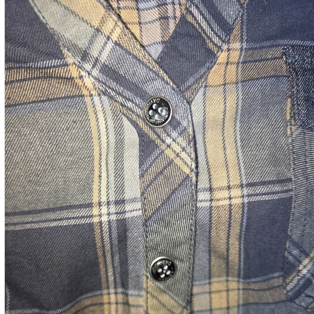 Harley Davidson Plaid Snap Down Women L Gray Tan Graphic Back 96337-19VW‎